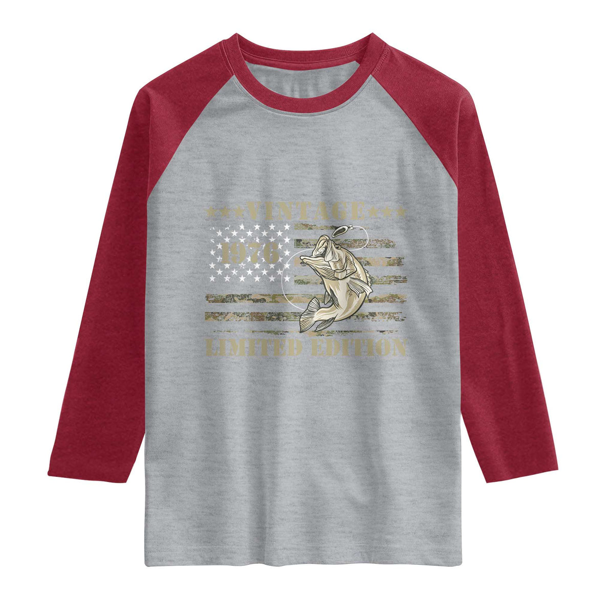 50th Birthday Fishing Vintage 1976 Limited Edition Raglan Shirt Bass Fishing Camouflage American Flag Fisherman Gift