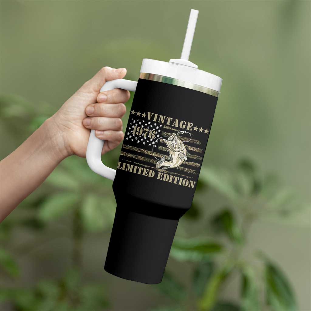 50th Birthday Fishing Vintage 1976 Limited Edition Tumbler With Handle Bass Fishing Camouflage American Flag Fisherman Gift