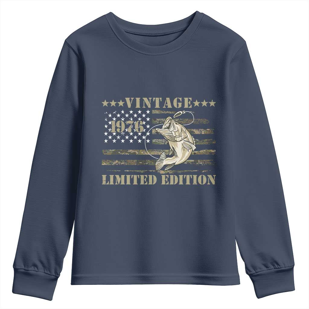 50th Birthday Fishing Vintage 1976 Limited Edition Youth Sweatshirt Bass Fishing Camouflage American Flag Fisherman Gift