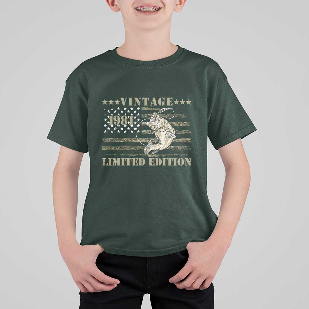 45th Birthday Fishing Vintage 1981 Limited Edition T Shirt For Kid Bass Fishing Camouflage American Flag Fisherman Gift