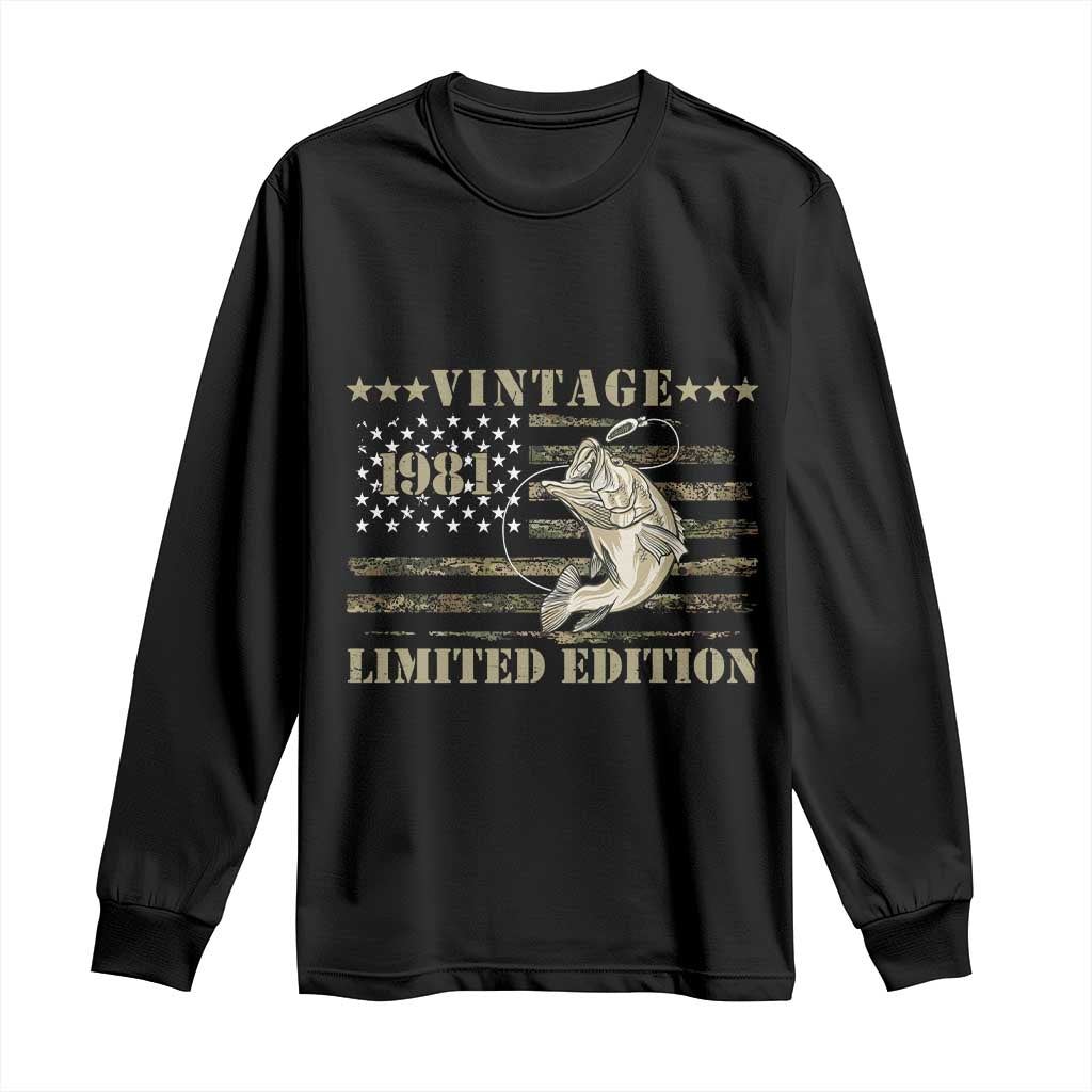 45th Birthday Fishing Vintage 1981 Limited Edition Long Sleeve Shirt Bass Fishing Camouflage American Flag Fisherman Gift