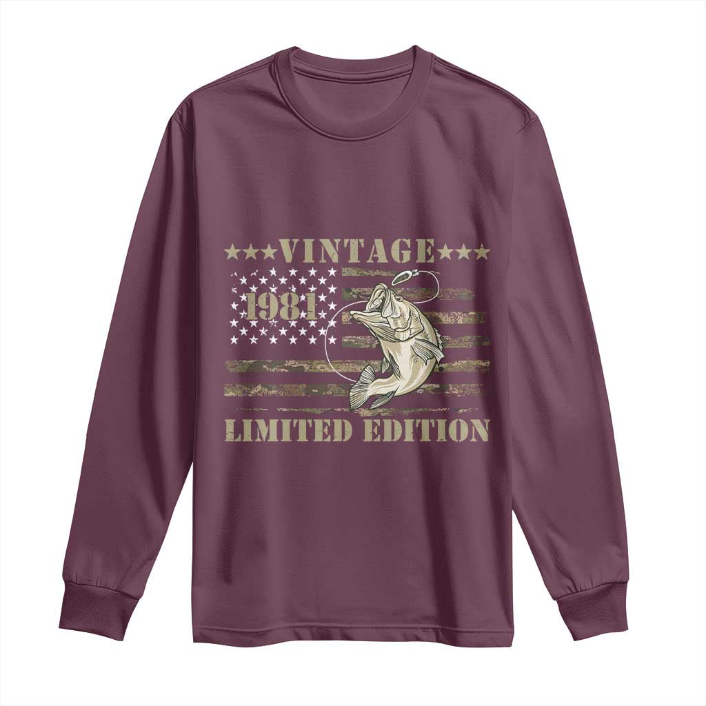 45th Birthday Fishing Vintage 1981 Limited Edition Long Sleeve Shirt Bass Fishing Camouflage American Flag Fisherman Gift
