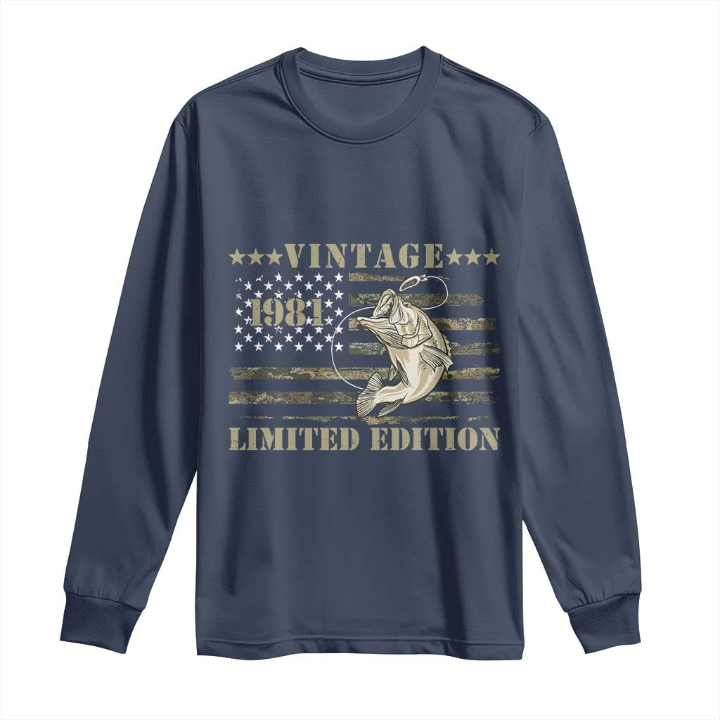 45th Birthday Fishing Vintage 1981 Limited Edition Long Sleeve Shirt Bass Fishing Camouflage American Flag Fisherman Gift