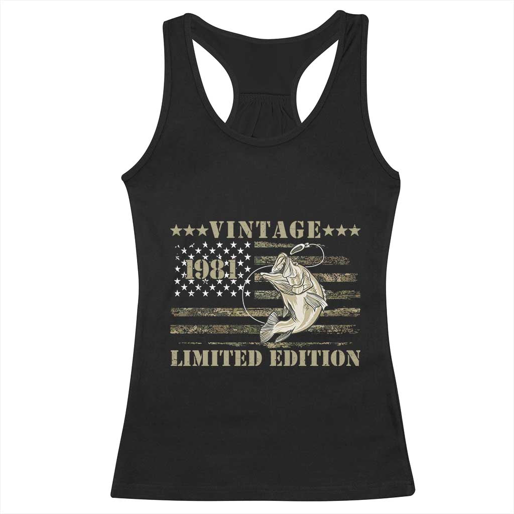 45th Birthday Fishing Vintage 1981 Limited Edition Racerback Tank Top Bass Fishing Camouflage American Flag Fisherman Gift