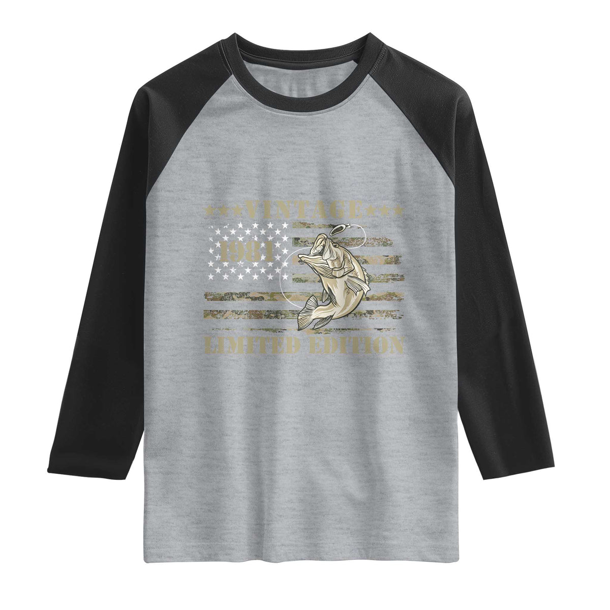 45th Birthday Fishing Vintage 1981 Limited Edition Raglan Shirt Bass Fishing Camouflage American Flag Fisherman Gift