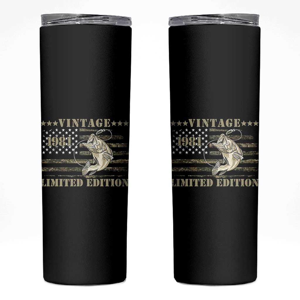 45th Birthday Fishing Vintage 1981 Limited Edition Skinny Tumbler Bass Fishing Camouflage American Flag Fisherman Gift