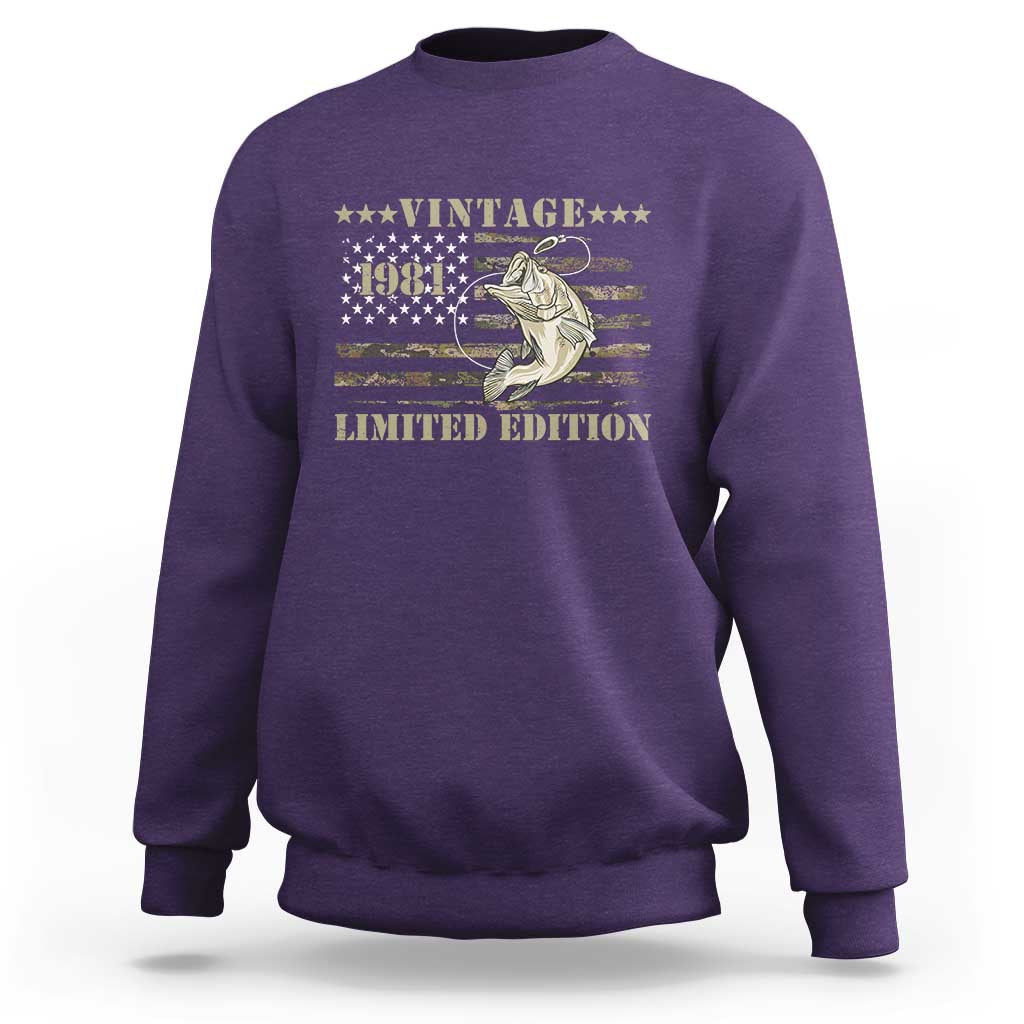 45th Birthday Fishing Vintage 1981 Limited Edition Sweatshirt Bass Fishing Camouflage American Flag Fisherman Gift