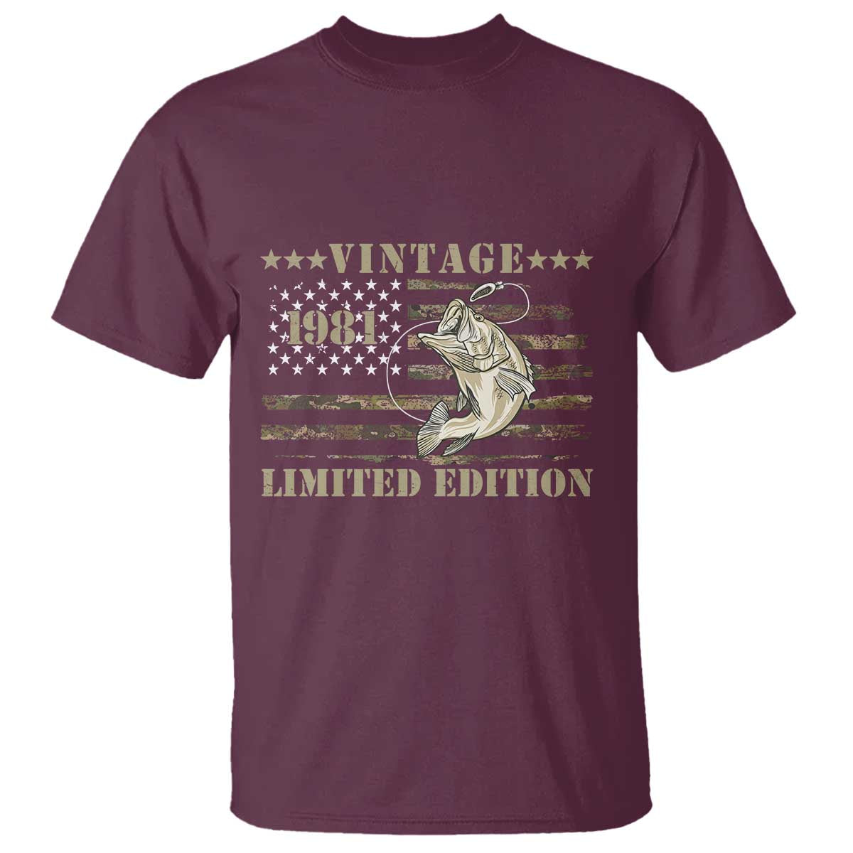 45th Birthday Fishing Vintage 1981 Limited Edition T Shirt Bass Fishing Camouflage American Flag Fisherman Gift