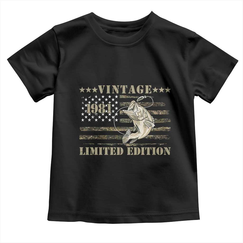 45th Birthday Fishing Vintage 1981 Limited Edition Toddler T Shirt Bass Fishing Camouflage American Flag Fisherman Gift