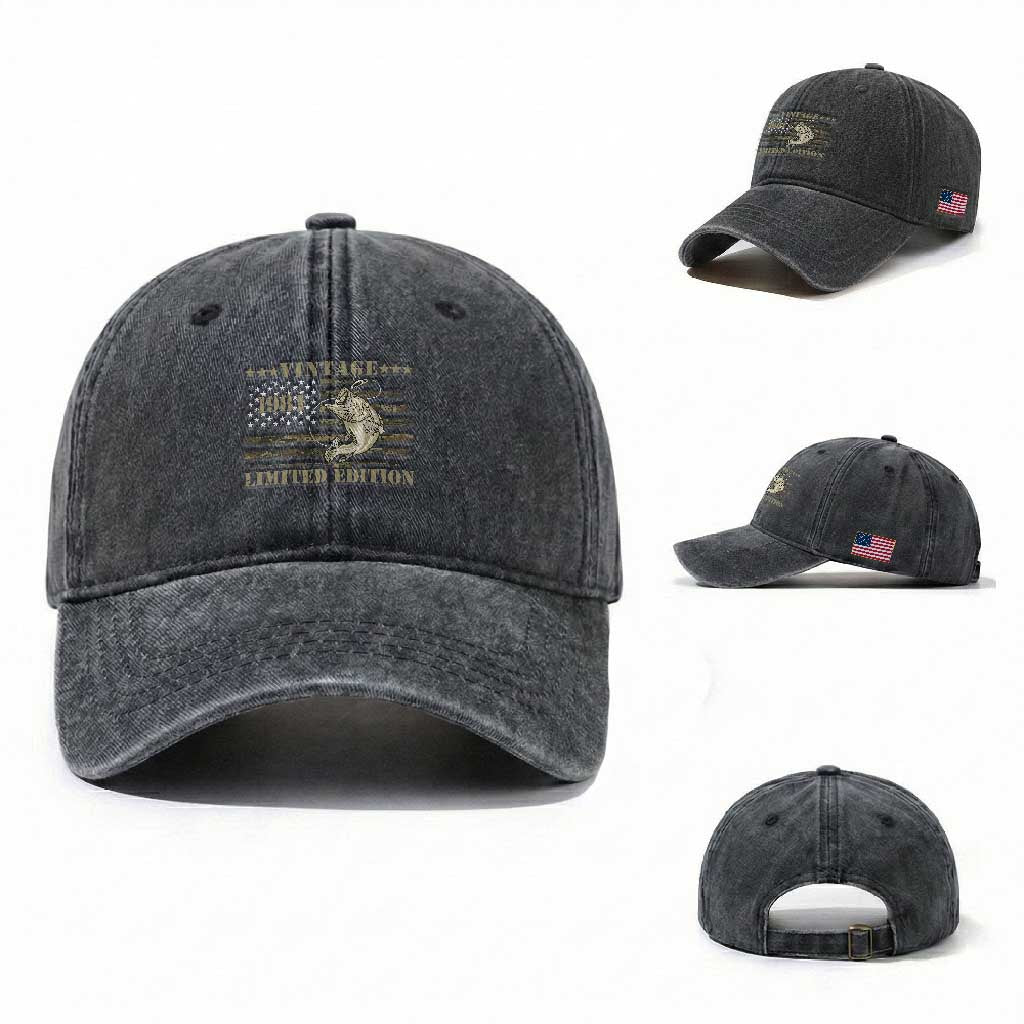 45th Birthday Fishing Vintage 1981 Limited Edition Washed Cotton Baseball Cap Bass Fishing Camouflage American Flag Fisherman Gift