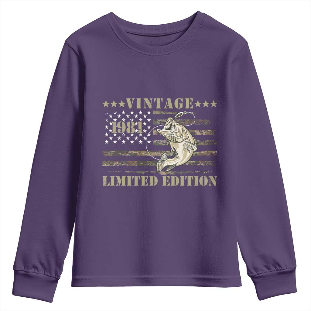 45th Birthday Fishing Vintage 1981 Limited Edition Youth Sweatshirt Bass Fishing Camouflage American Flag Fisherman Gift