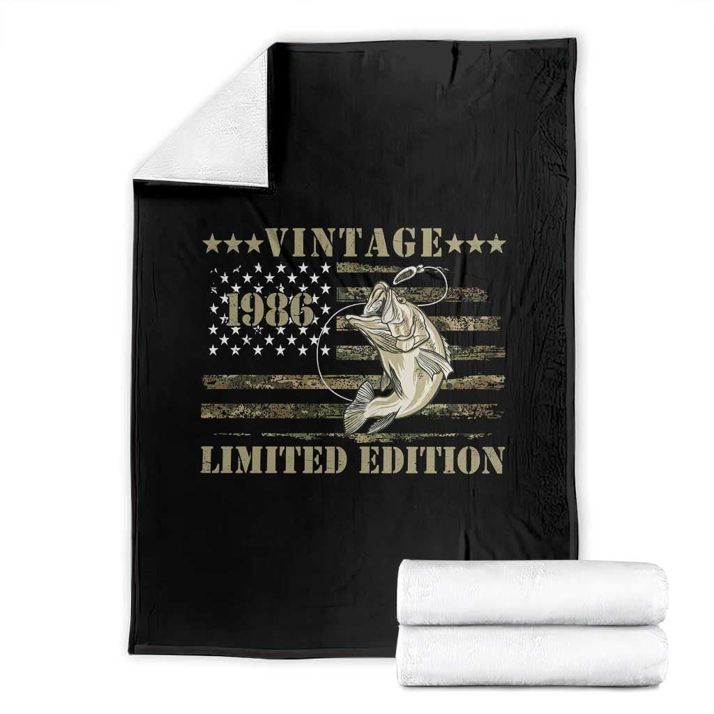 40th Birthday Fishing Vintage 1986 Limited Edition Throw Blanket Bass Fishing Camouflage American Flag Fisherman Gift