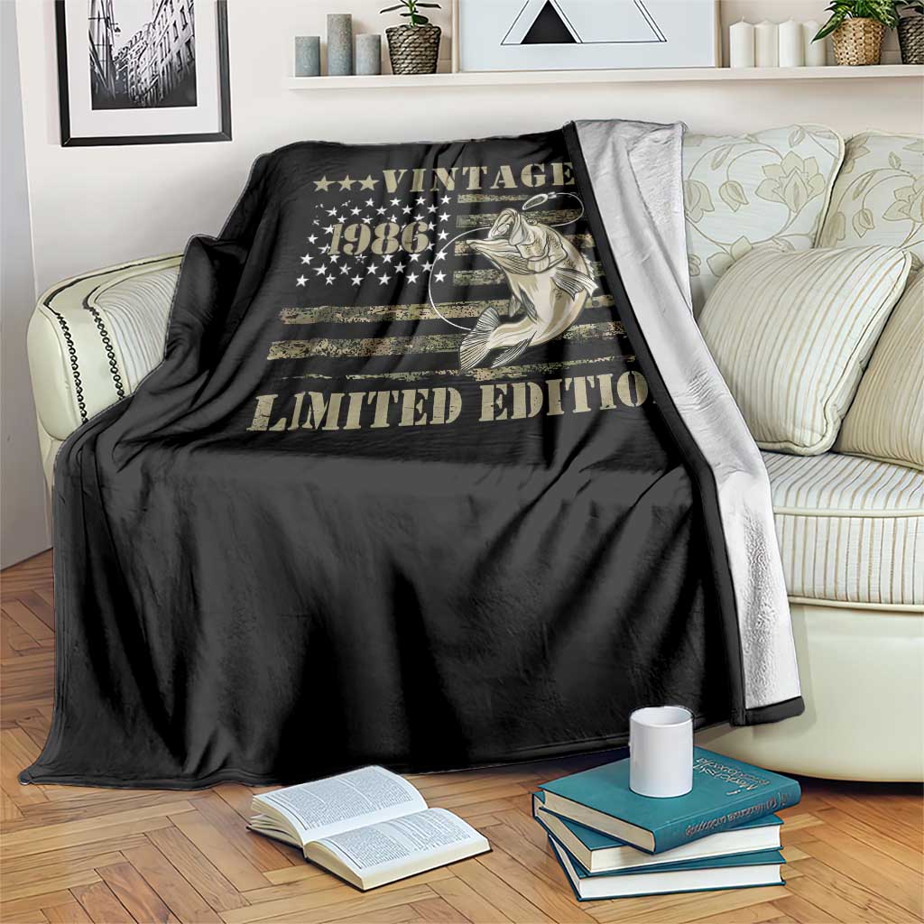 40th Birthday Fishing Vintage 1986 Limited Edition Throw Blanket Bass Fishing Camouflage American Flag Fisherman Gift