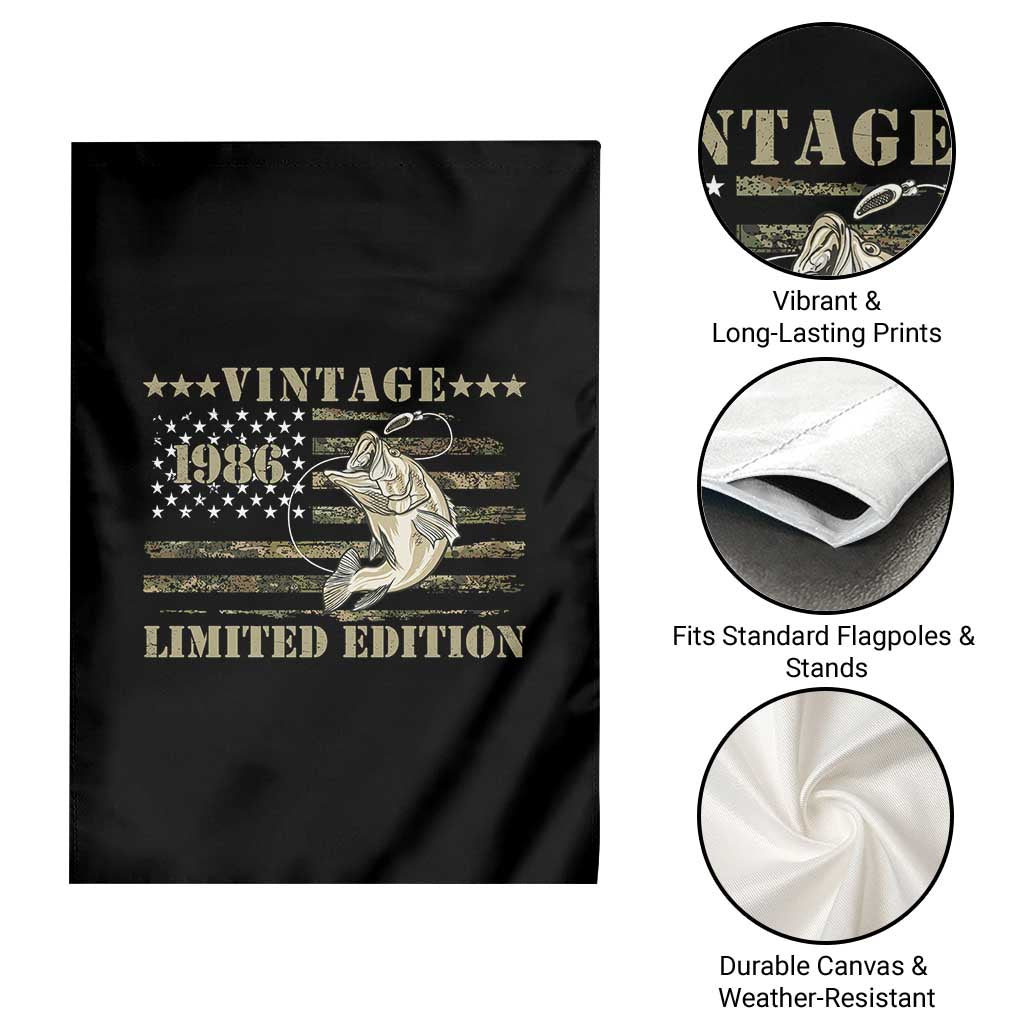 40th Birthday Fishing Vintage 1986 Limited Edition Garden Flag Bass Fishing Camouflage American Flag Fisherman Gift