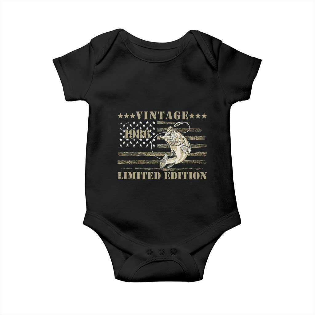 40th Birthday Fishing Vintage 1986 Limited Edition Baby Onesie Bass Fishing Camouflage American Flag Fisherman Gift