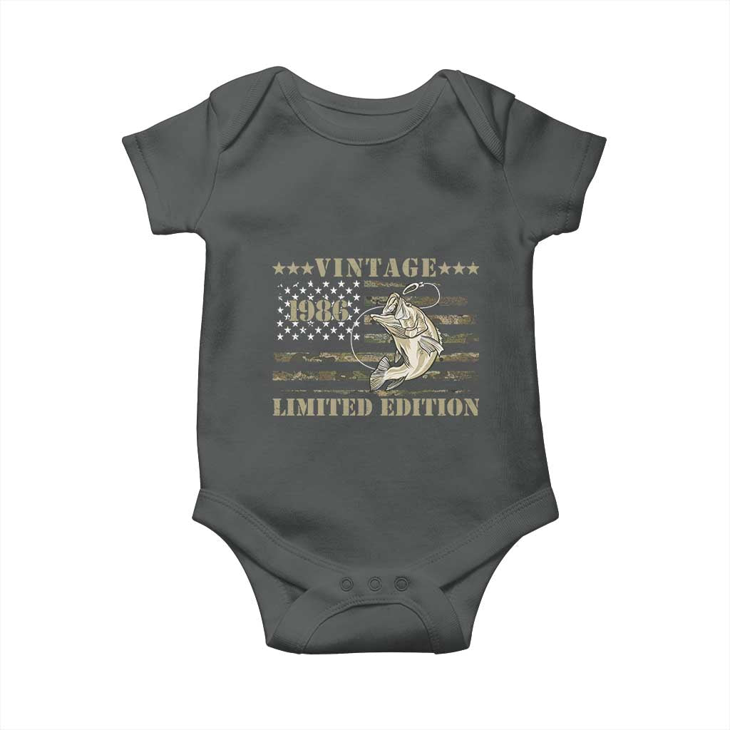 40th Birthday Fishing Vintage 1986 Limited Edition Baby Onesie Bass Fishing Camouflage American Flag Fisherman Gift