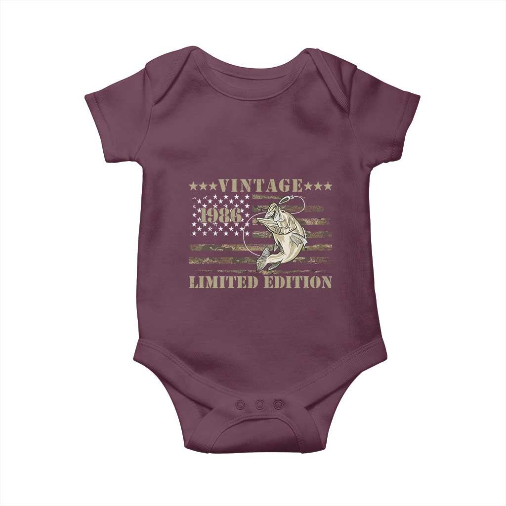 40th Birthday Fishing Vintage 1986 Limited Edition Baby Onesie Bass Fishing Camouflage American Flag Fisherman Gift