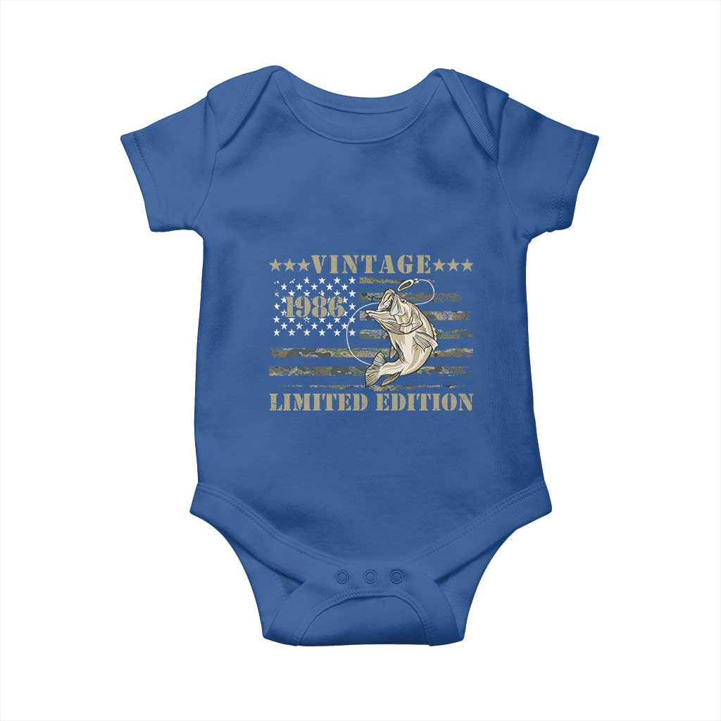 40th Birthday Fishing Vintage 1986 Limited Edition Baby Onesie Bass Fishing Camouflage American Flag Fisherman Gift