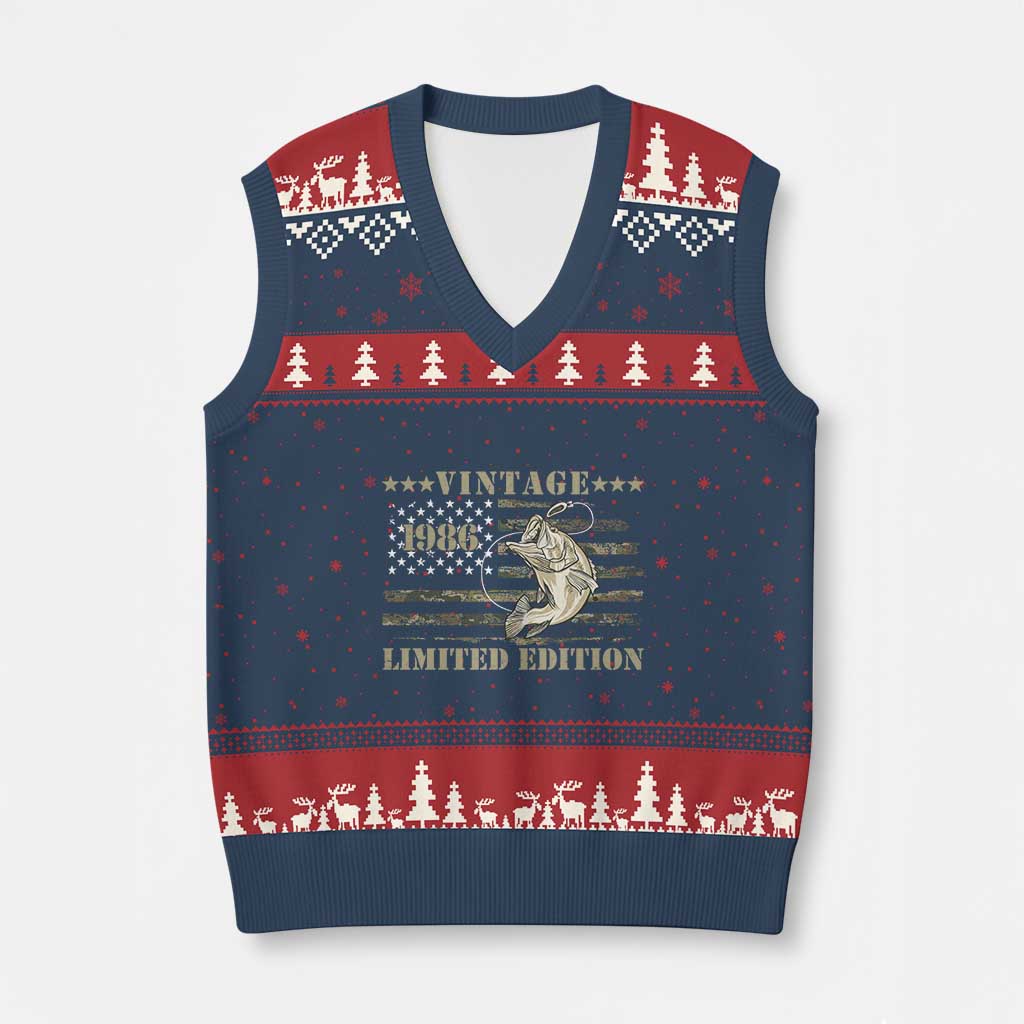 40th Birthday Fishing Vintage 1986 Limited Edition V-Neck Knit Sweater Vest Bass Fishing Camouflage American Flag Fisherman Gift