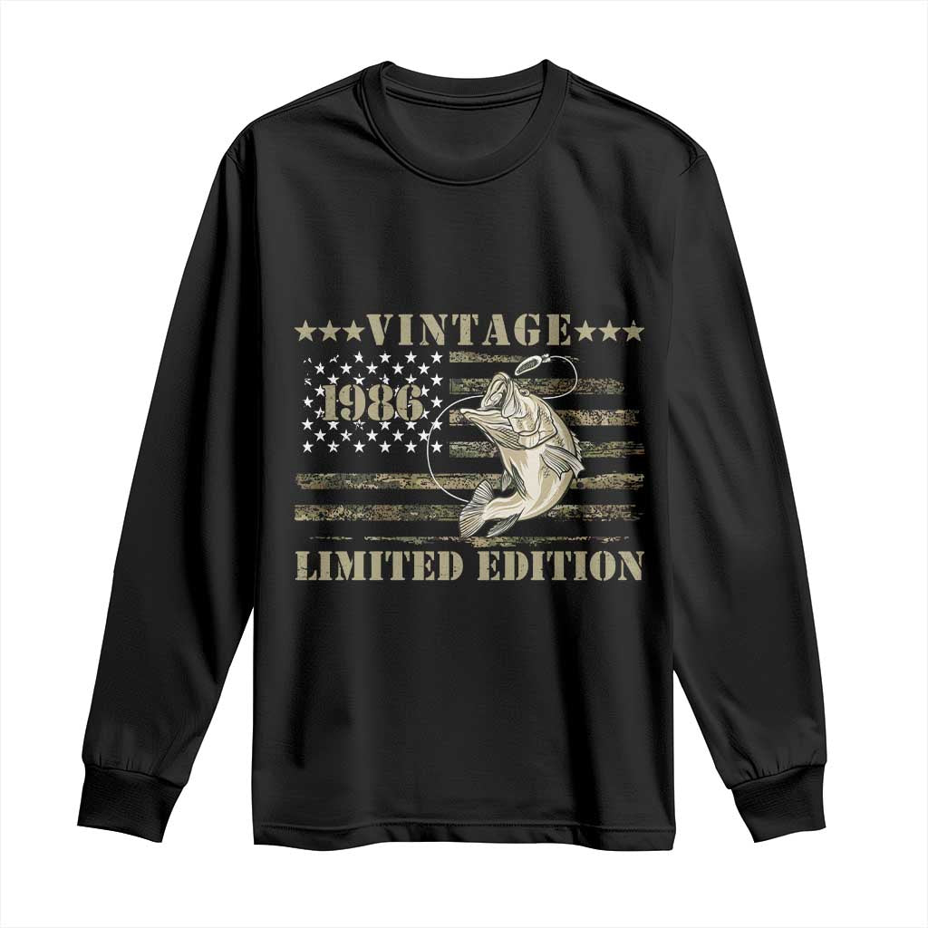 40th Birthday Fishing Vintage 1986 Limited Edition Long Sleeve Shirt Bass Fishing Camouflage American Flag Fisherman Gift