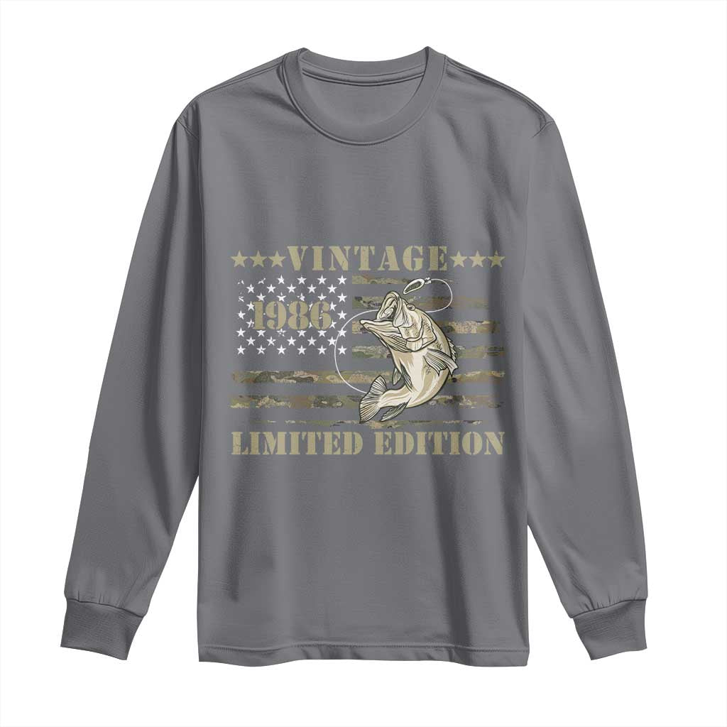 40th Birthday Fishing Vintage 1986 Limited Edition Long Sleeve Shirt Bass Fishing Camouflage American Flag Fisherman Gift