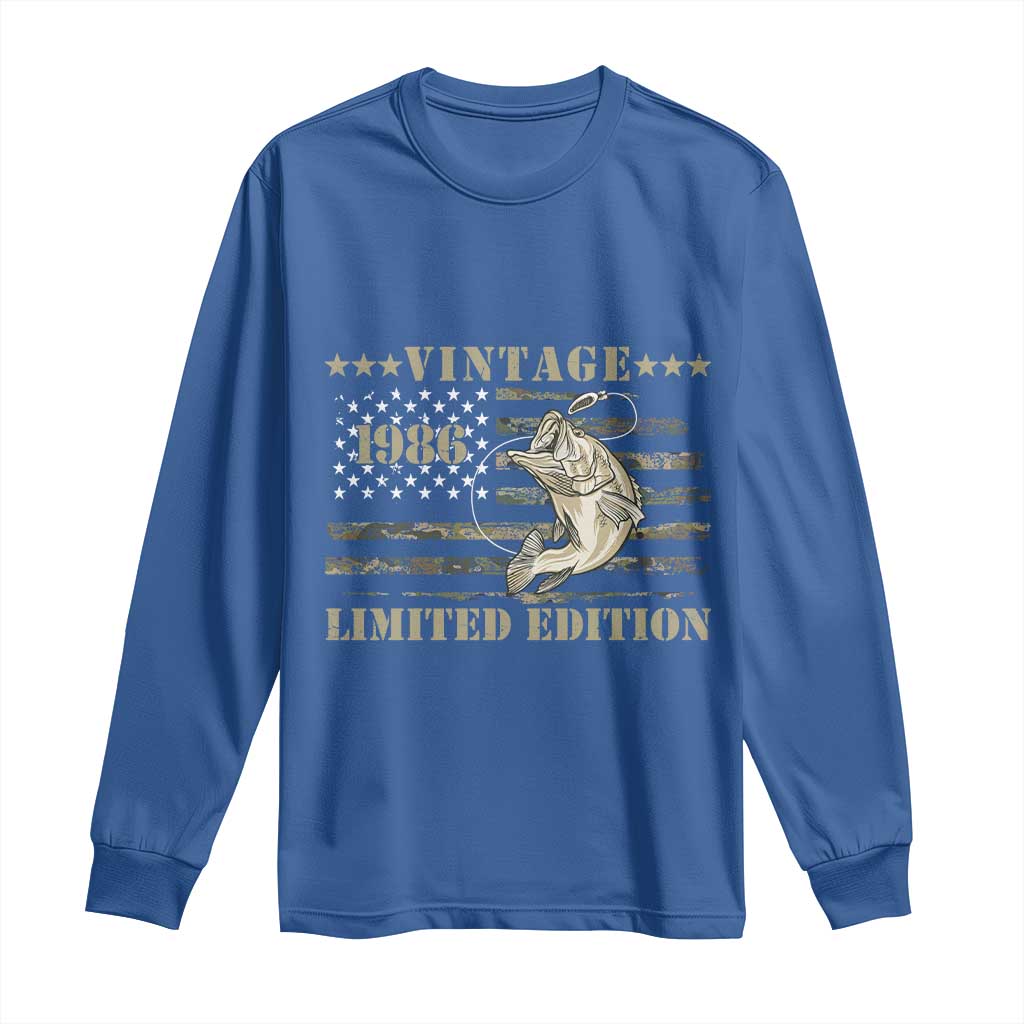 40th Birthday Fishing Vintage 1986 Limited Edition Long Sleeve Shirt Bass Fishing Camouflage American Flag Fisherman Gift