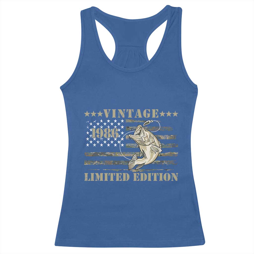 40th Birthday Fishing Vintage 1986 Limited Edition Racerback Tank Top Bass Fishing Camouflage American Flag Fisherman Gift