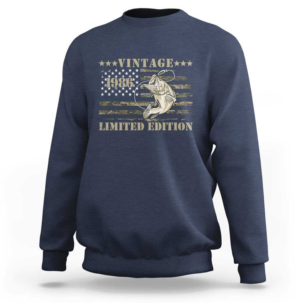 40th Birthday Fishing Vintage 1986 Limited Edition Sweatshirt Bass Fishing Camouflage American Flag Fisherman Gift