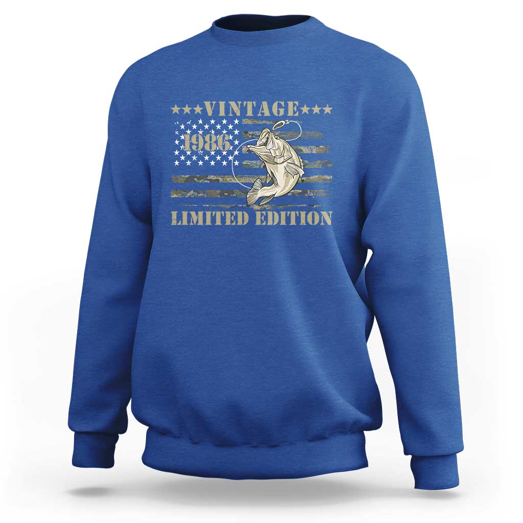 40th Birthday Fishing Vintage 1986 Limited Edition Sweatshirt Bass Fishing Camouflage American Flag Fisherman Gift