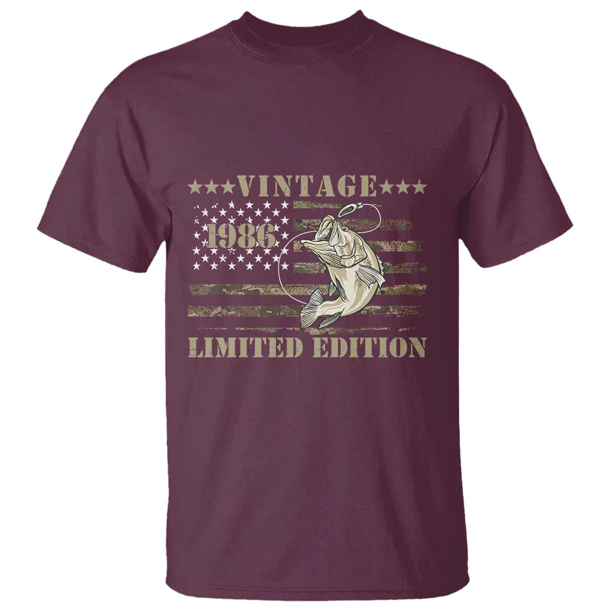 40th Birthday Fishing Vintage 1986 Limited Edition T Shirt Bass Fishing Camouflage American Flag Fisherman Gift