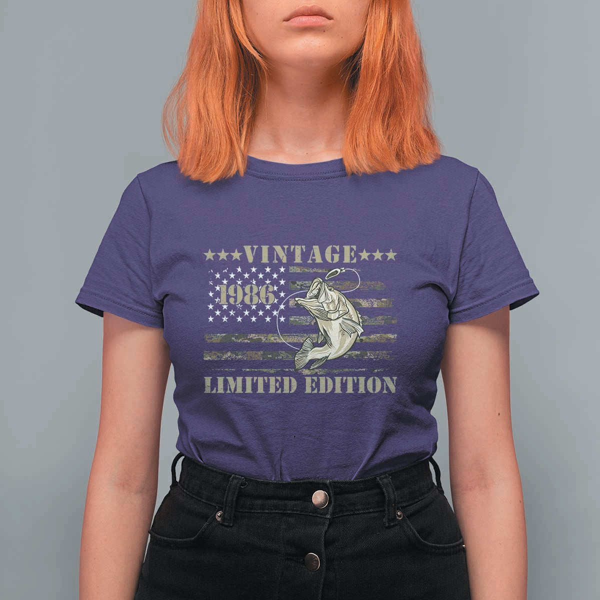 40th Birthday Fishing Vintage 1986 Limited Edition T Shirt For Women Bass Fishing Camouflage American Flag Fisherman Gift