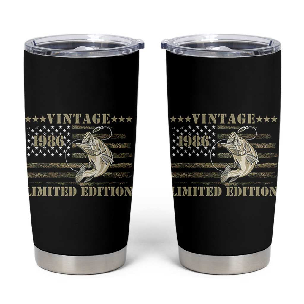 40th Birthday Fishing Vintage 1986 Limited Edition Tumbler Cup Bass Fishing Camouflage American Flag Fisherman Gift