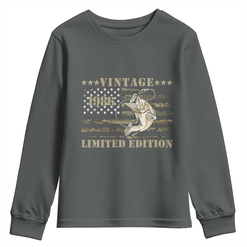 40th Birthday Fishing Vintage 1986 Limited Edition Youth Sweatshirt Bass Fishing Camouflage American Flag Fisherman Gift