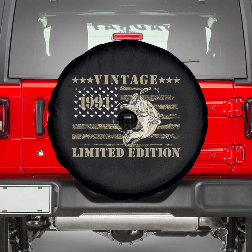 35th Birthday Fishing Vintage 1991 Limited Edition Spare Tire Cover Bass Fishing Camouflage American Flag Fisherman Gift