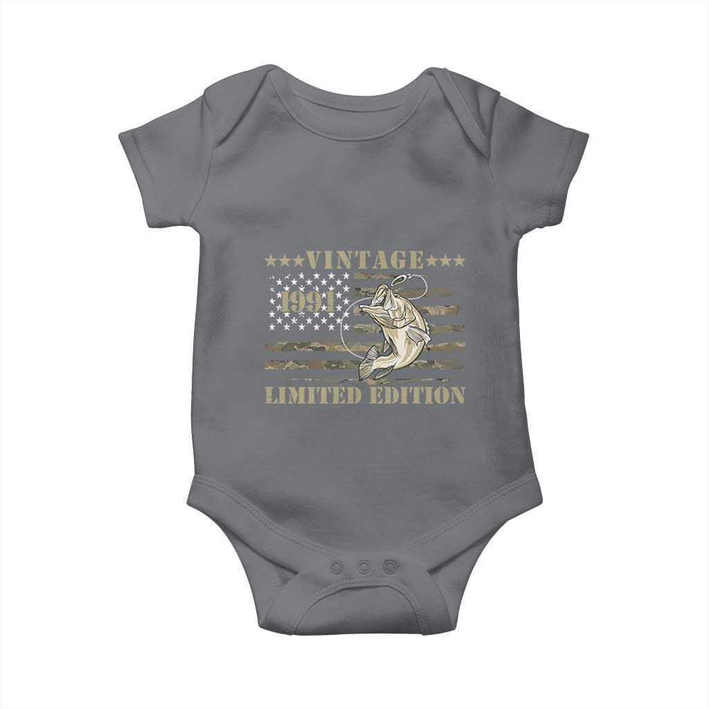 35th Birthday Fishing Vintage 1991 Limited Edition Baby Onesie Bass Fishing Camouflage American Flag Fisherman Gift