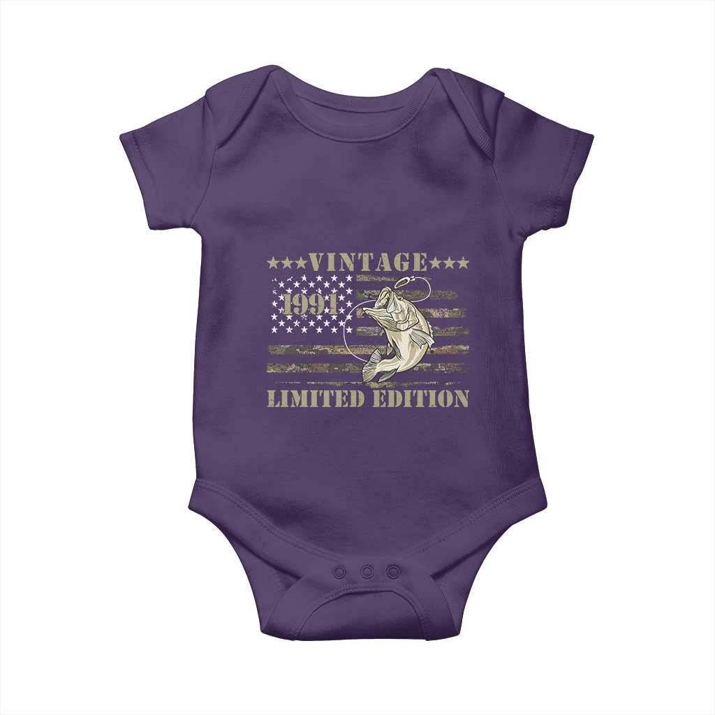 35th Birthday Fishing Vintage 1991 Limited Edition Baby Onesie Bass Fishing Camouflage American Flag Fisherman Gift