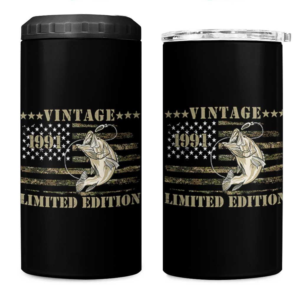 35th Birthday Fishing Vintage 1991 Limited Edition 4 in 1 Can Cooler Tumbler Bass Fishing Camouflage American Flag Fisherman Gift