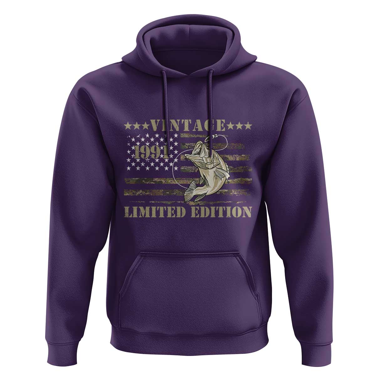 35th Birthday Fishing Vintage 1991 Limited Edition Hoodie Bass Fishing Camouflage American Flag Fisherman Gift