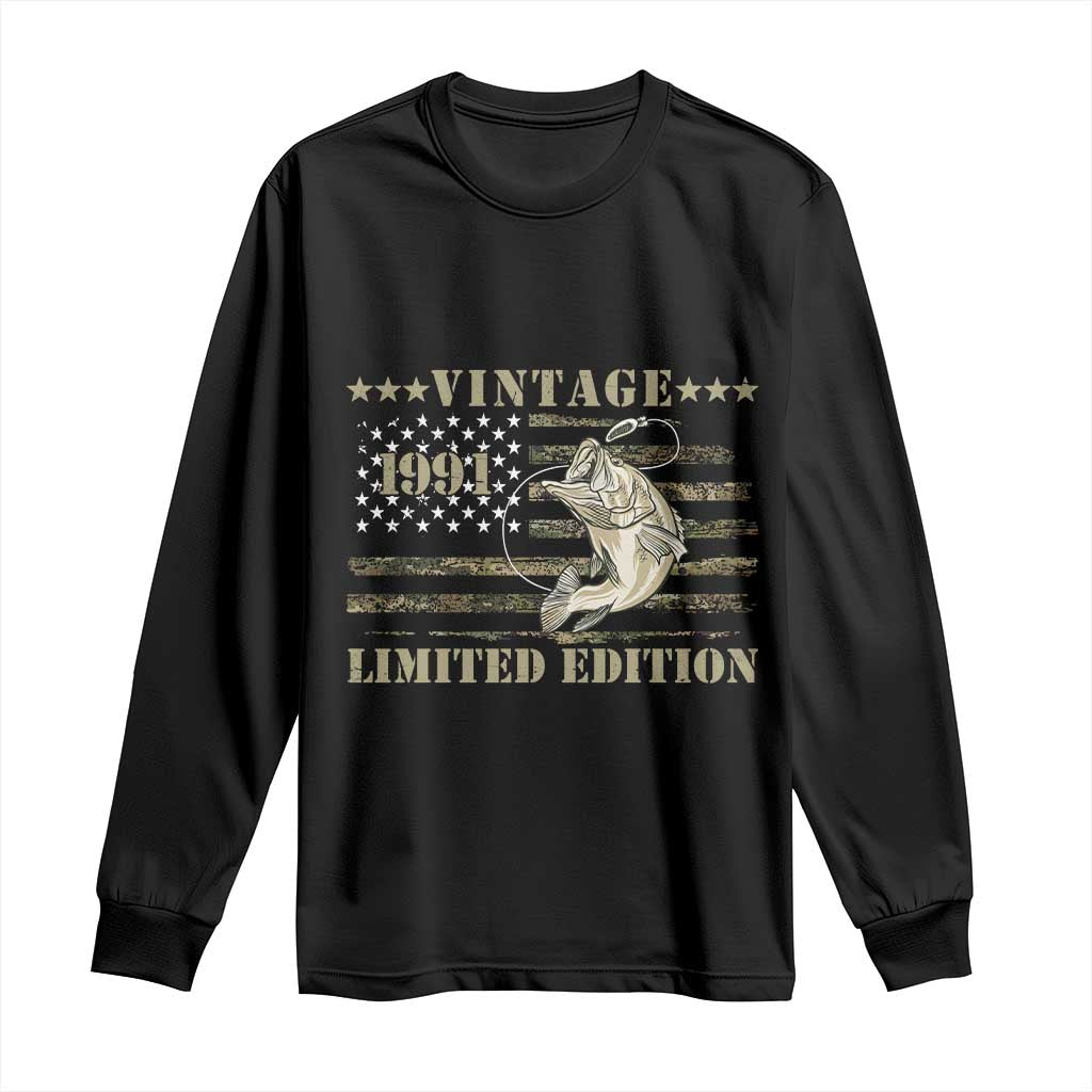35th Birthday Fishing Vintage 1991 Limited Edition Long Sleeve Shirt Bass Fishing Camouflage American Flag Fisherman Gift