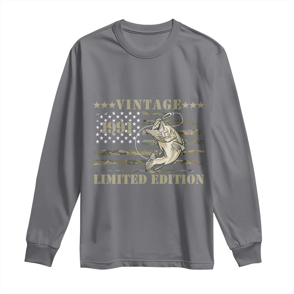 35th Birthday Fishing Vintage 1991 Limited Edition Long Sleeve Shirt Bass Fishing Camouflage American Flag Fisherman Gift