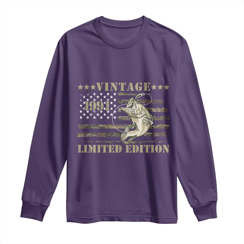 35th Birthday Fishing Vintage 1991 Limited Edition Long Sleeve Shirt Bass Fishing Camouflage American Flag Fisherman Gift