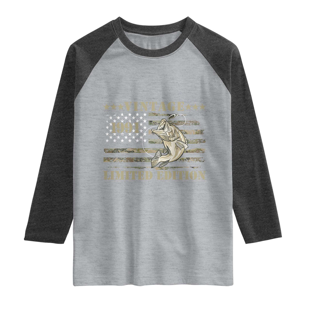 35th Birthday Fishing Vintage 1991 Limited Edition Raglan Shirt Bass Fishing Camouflage American Flag Fisherman Gift