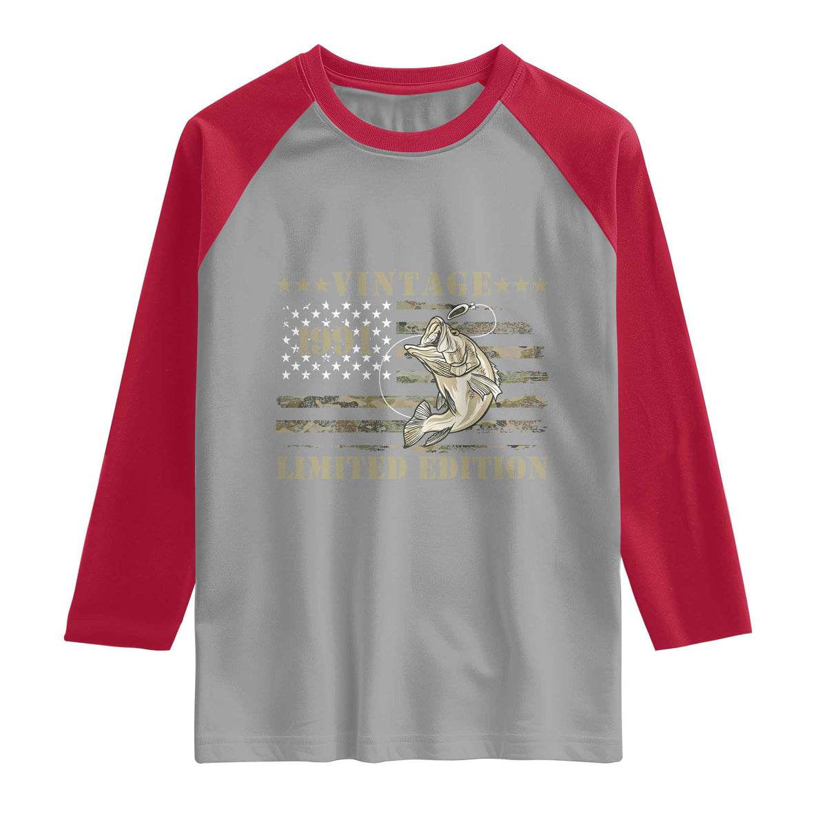 35th Birthday Fishing Vintage 1991 Limited Edition Raglan Shirt Bass Fishing Camouflage American Flag Fisherman Gift
