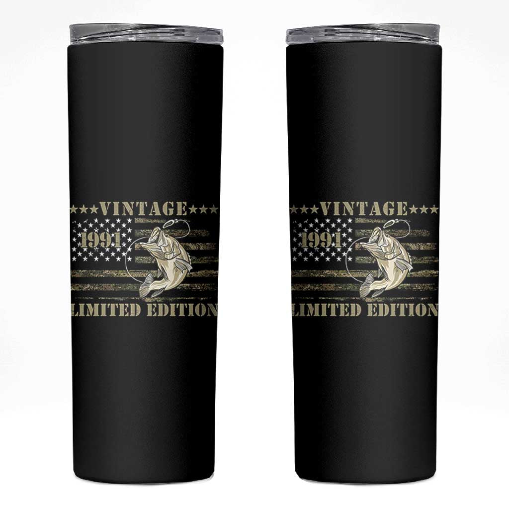 35th Birthday Fishing Vintage 1991 Limited Edition Skinny Tumbler Bass Fishing Camouflage American Flag Fisherman Gift