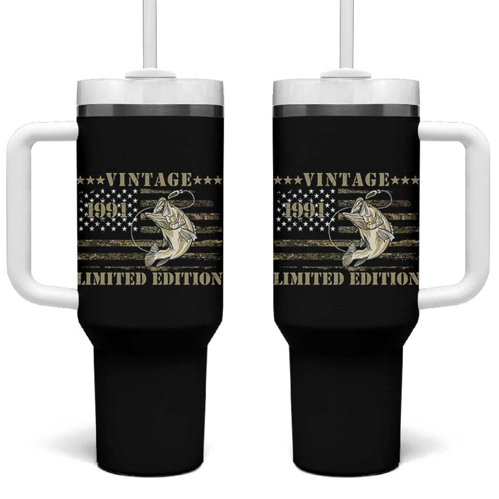 35th Birthday Fishing Vintage 1991 Limited Edition Tumbler With Handle Bass Fishing Camouflage American Flag Fisherman Gift