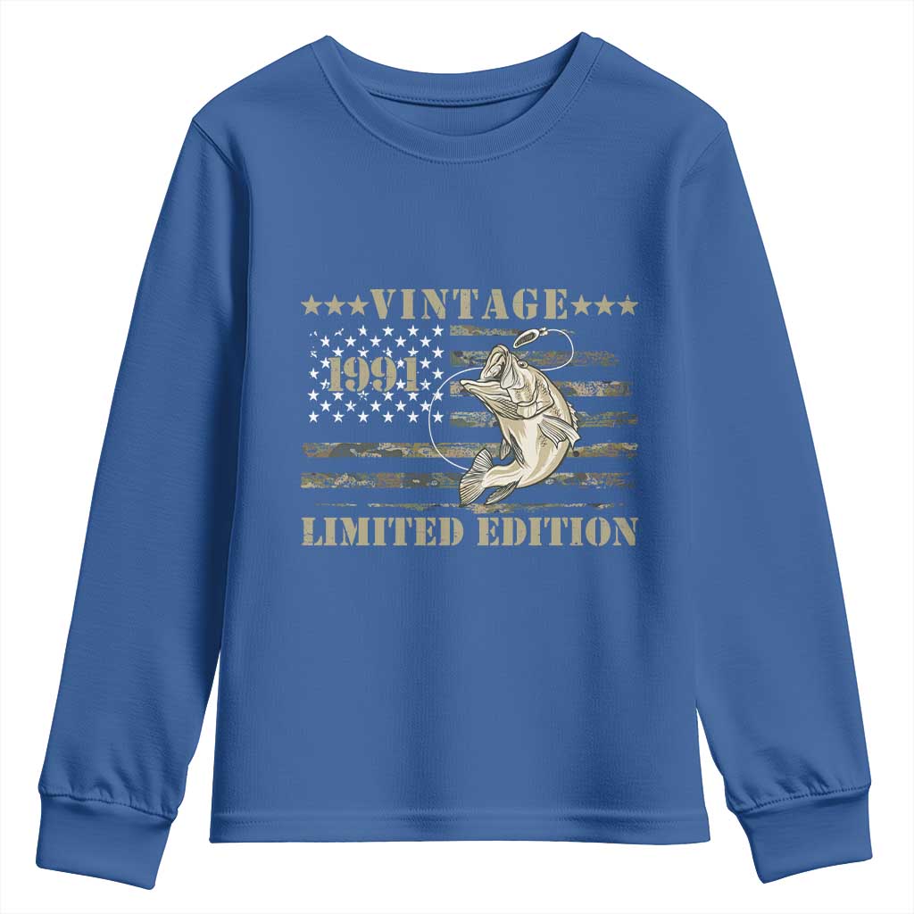 35th Birthday Fishing Vintage 1991 Limited Edition Youth Sweatshirt Bass Fishing Camouflage American Flag Fisherman Gift