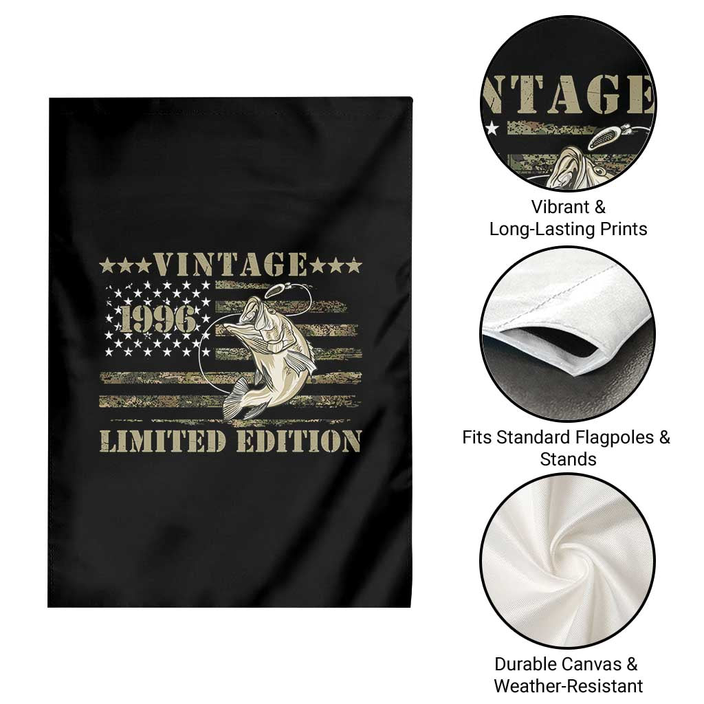 30th Birthday Fishing Vintage 1996 Limited Edition Garden Flag Bass Fishing Camouflage American Flag Fisherman Gift