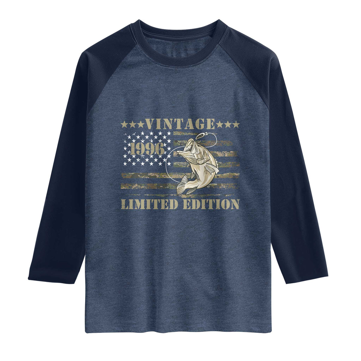 30th Birthday Fishing Vintage 1996 Limited Edition Raglan Shirt Bass Fishing Camouflage American Flag Fisherman Gift
