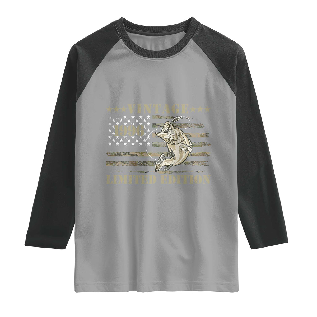 30th Birthday Fishing Vintage 1996 Limited Edition Raglan Shirt Bass Fishing Camouflage American Flag Fisherman Gift