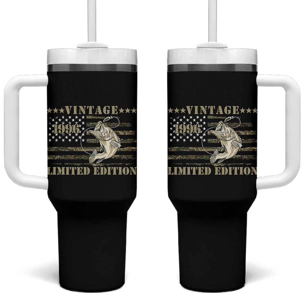 30th Birthday Fishing Vintage 1996 Limited Edition Tumbler With Handle Bass Fishing Camouflage American Flag Fisherman Gift